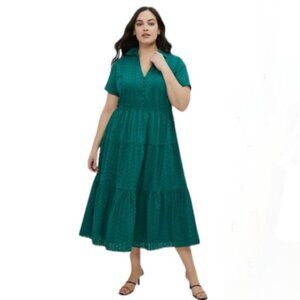 ELOQUII Elements Green  Short Sleeve Tiered Eyelet Midi Dress. Size 22